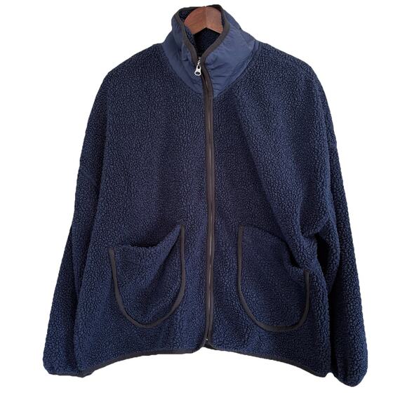 Free Assembly Women’s Navy Blue Patch Pocket Mixy Teddy Fleece Jacket Size XXL - Picture 1 of 12